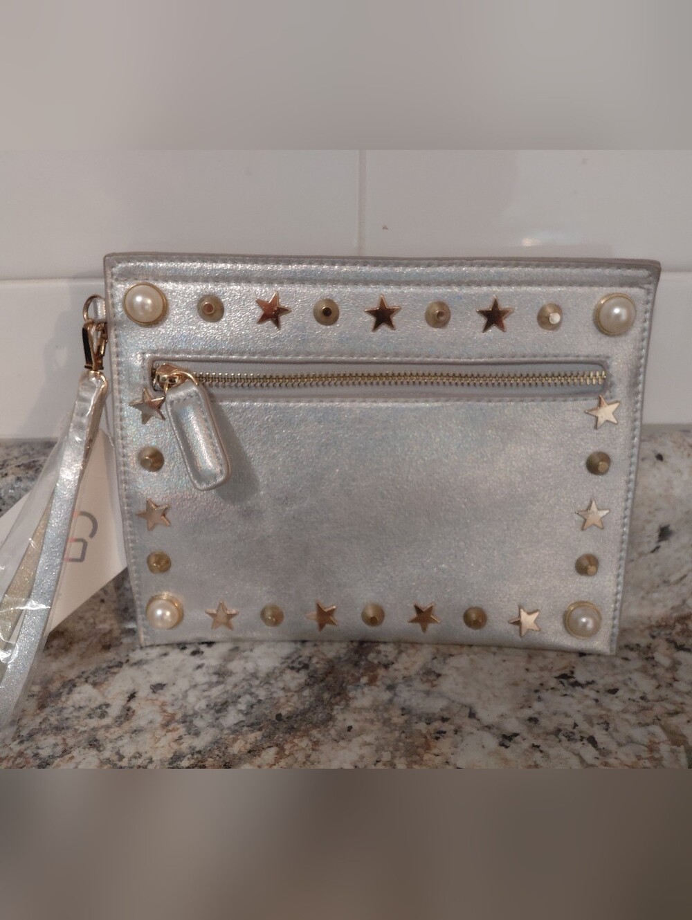 Street Level Metallic Silver Star & Pearl Wristlet Clutch